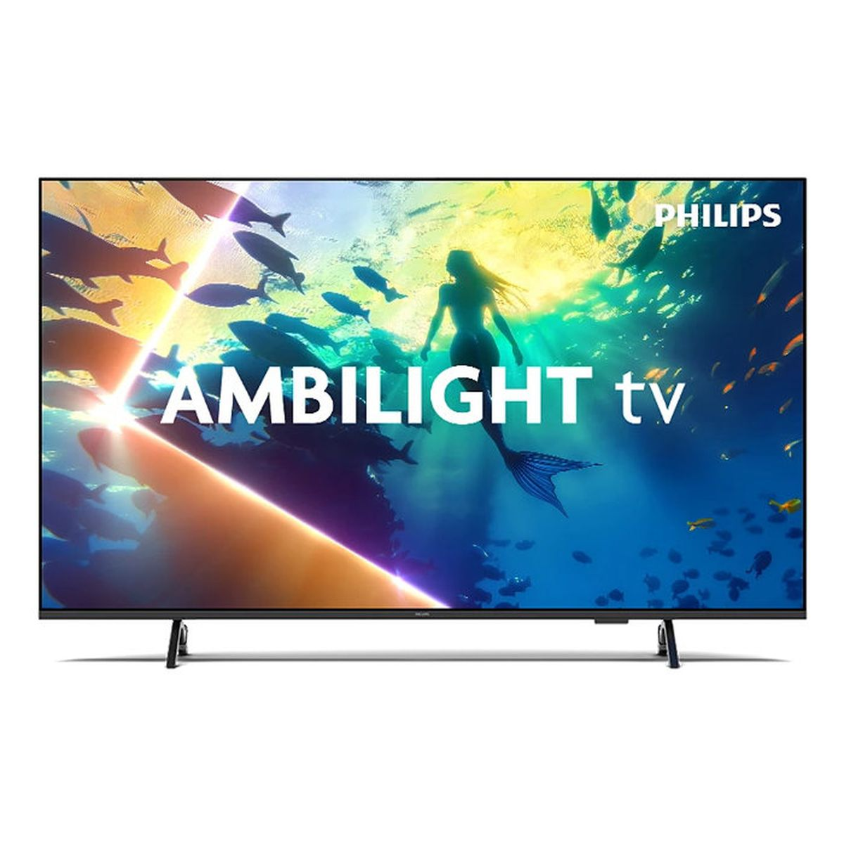 Philips Ambilight TV zeigt eine Meerjungfrau, die mit Fischen in einer bunten Unterwasserszene schwimmt.