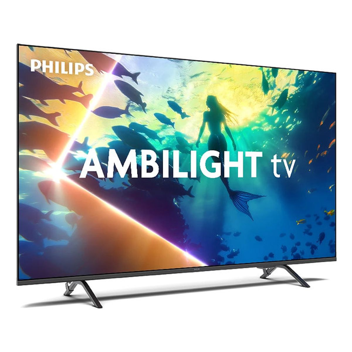 Philips Ambilight TV zeigt eine Meerjungfrau, die mit Fischen in einer bunten Unterwasserszene schwimmt.