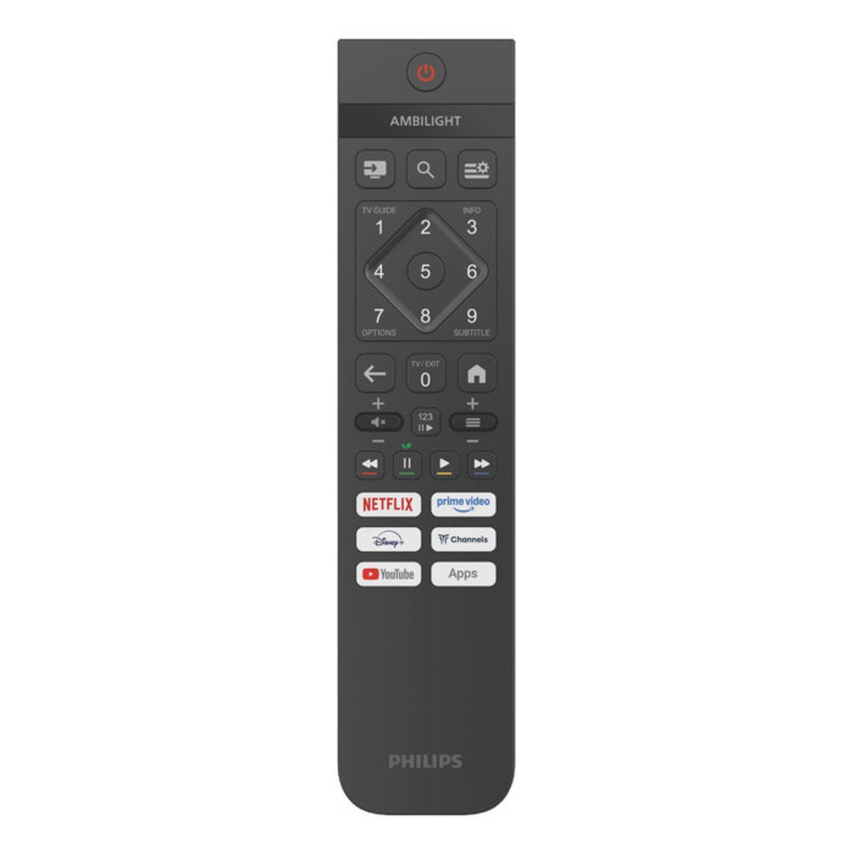 Eine graue Philips-Fernbedienung mit Tasten für Netflix, Prime Video, YouTube und Apps.
