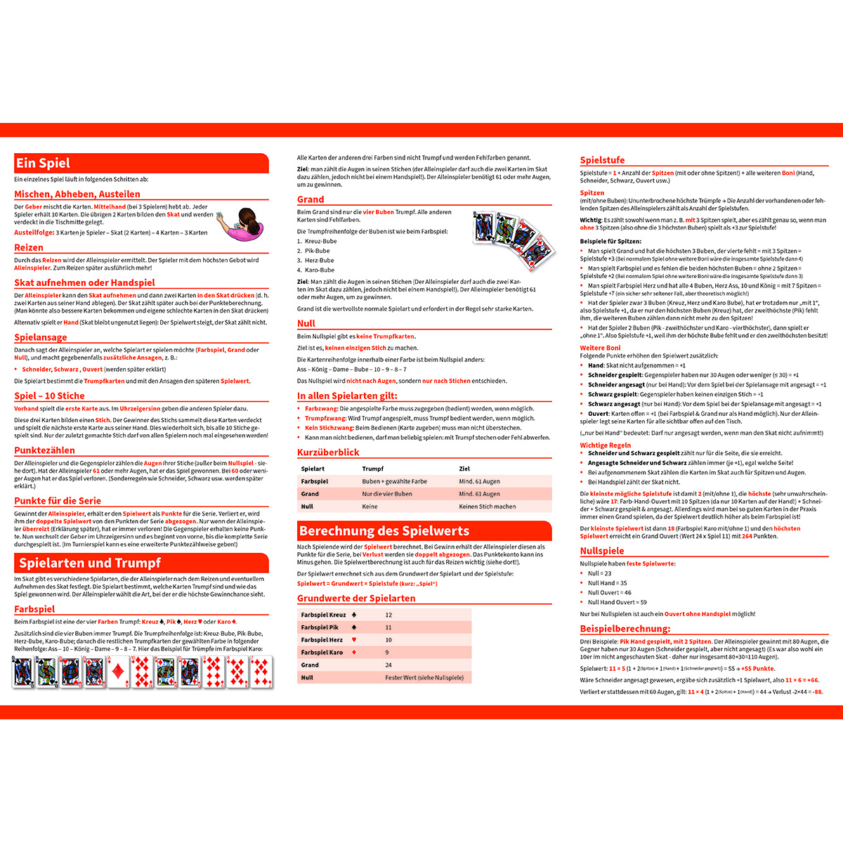 Ein Spielblatt mit Regeln für Trumpf und Skat. Enthält Abschnitte zu Spielaufbau, Regeln, Punktzahlen, Spielarten und Wertung.