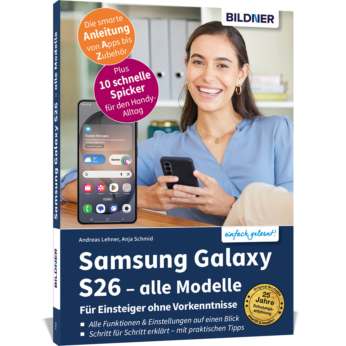 Buchcover: Frau hält Handy, Anleitung für Samsung Galaxy S26.
