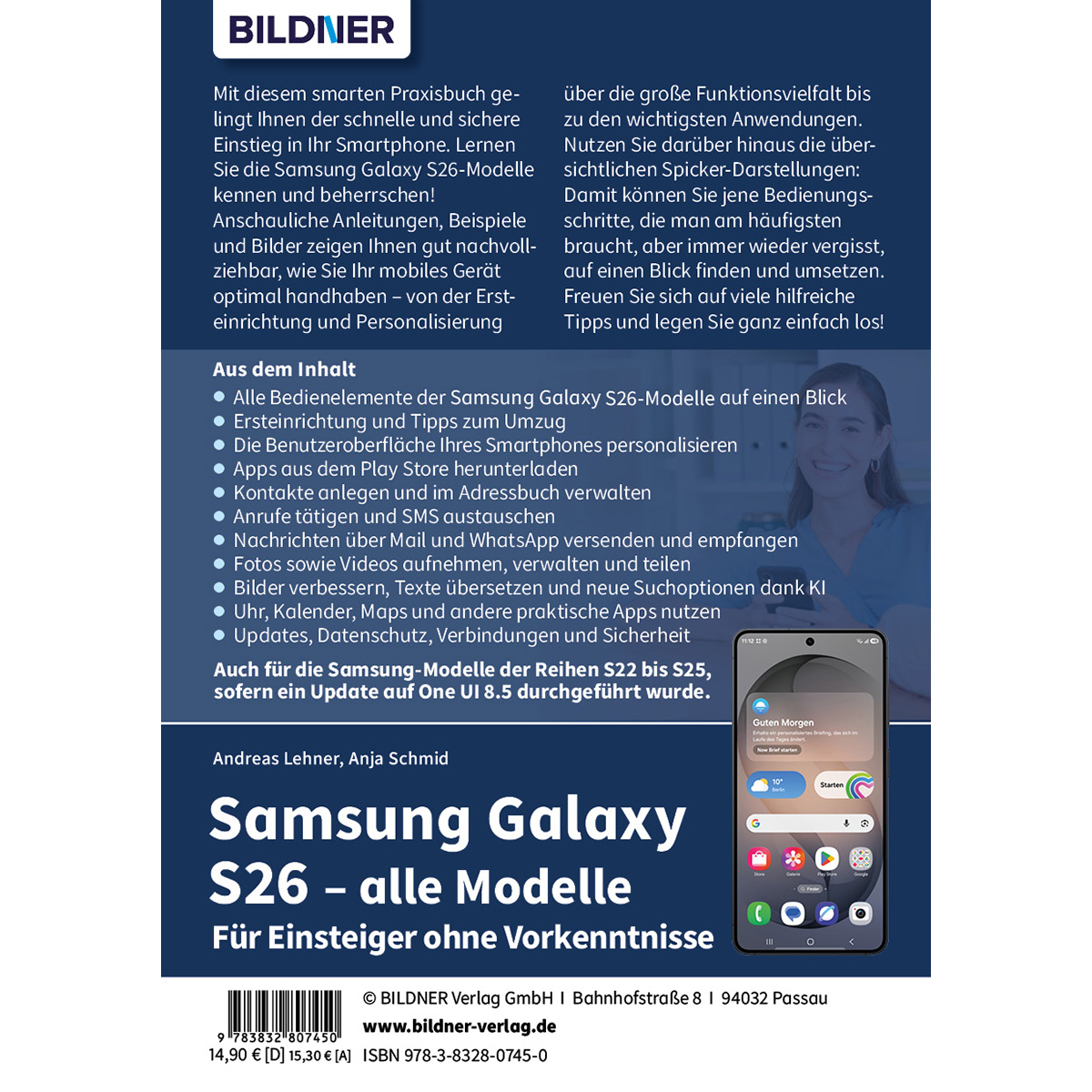 Buchcover für Samsung Galaxy S26-Anleitung. Titel, Inhaltsverzeichnis und Handybild.