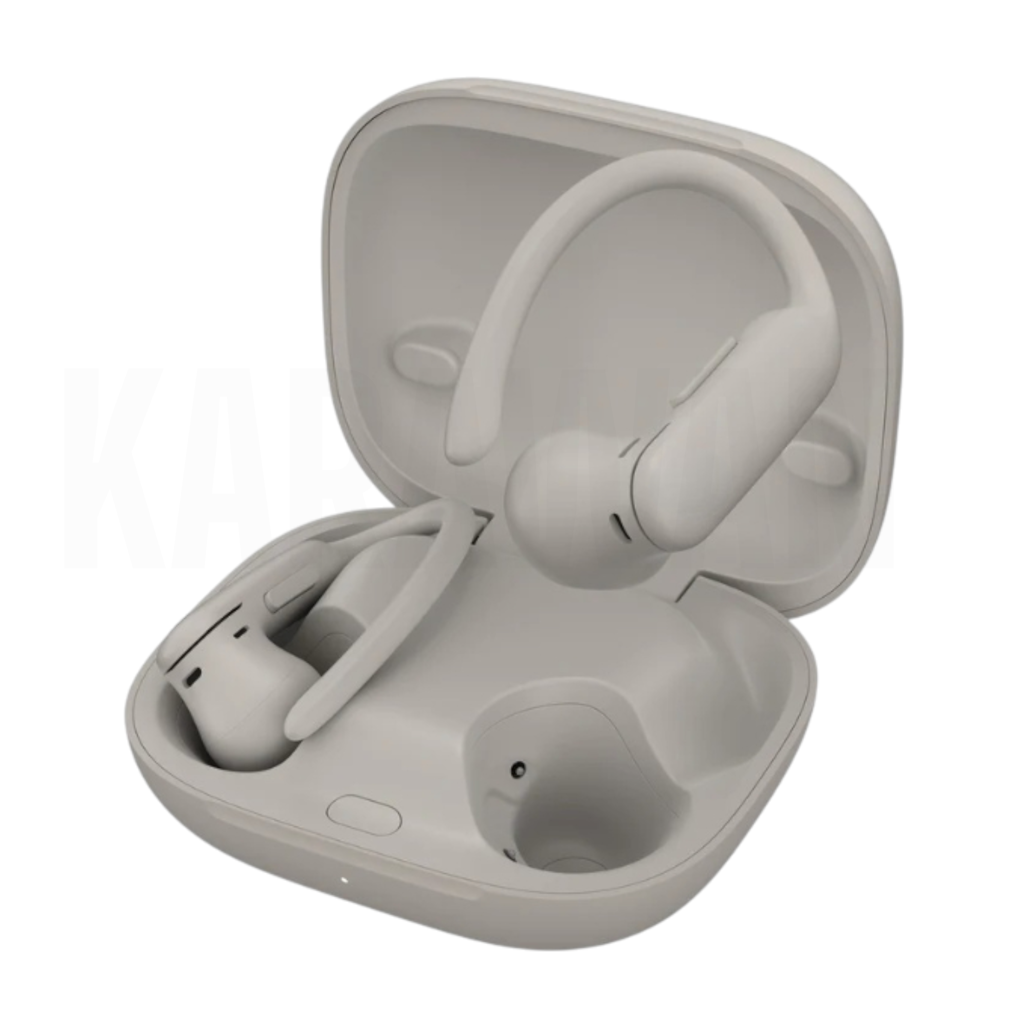 Un par de auriculares blancos con estuche de carga, con gancho para la oreja.