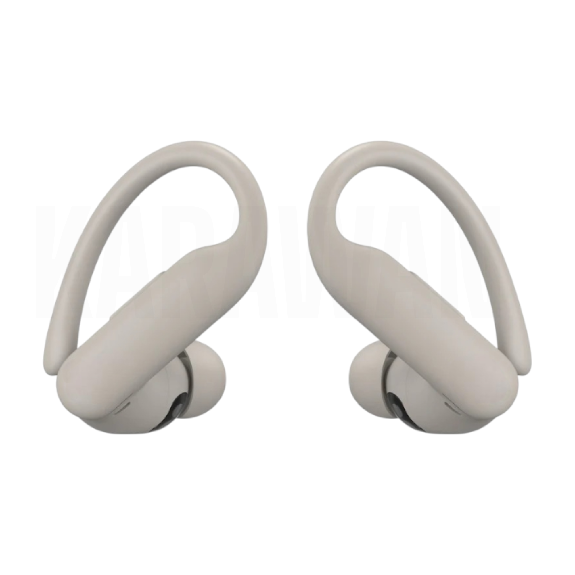 Dos auriculares inalámbricos blancos con ganchos para la oreja, aislados sobre fondo blanco.