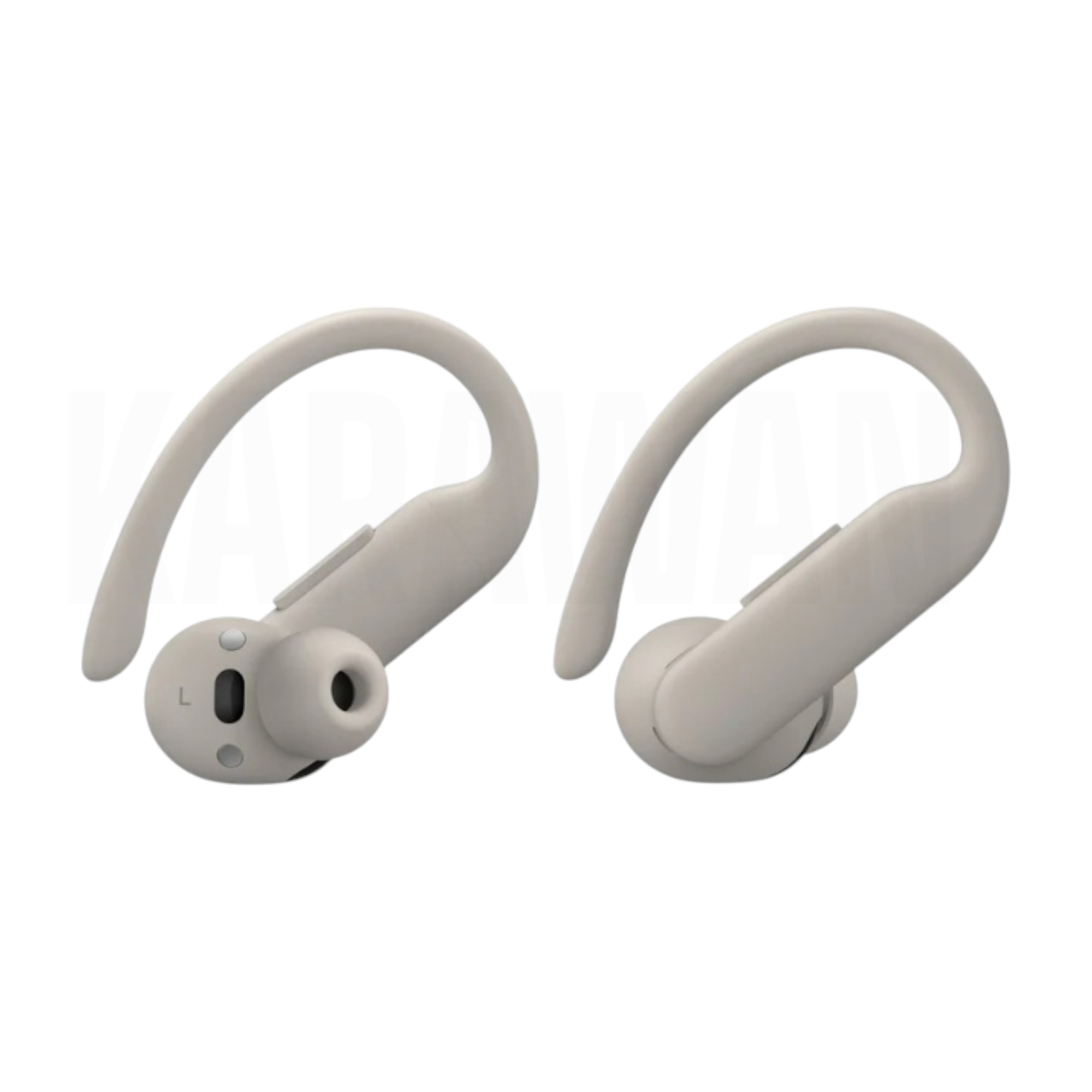 Dos auriculares blancos con ganchos para la oreja, uno al lado del otro.