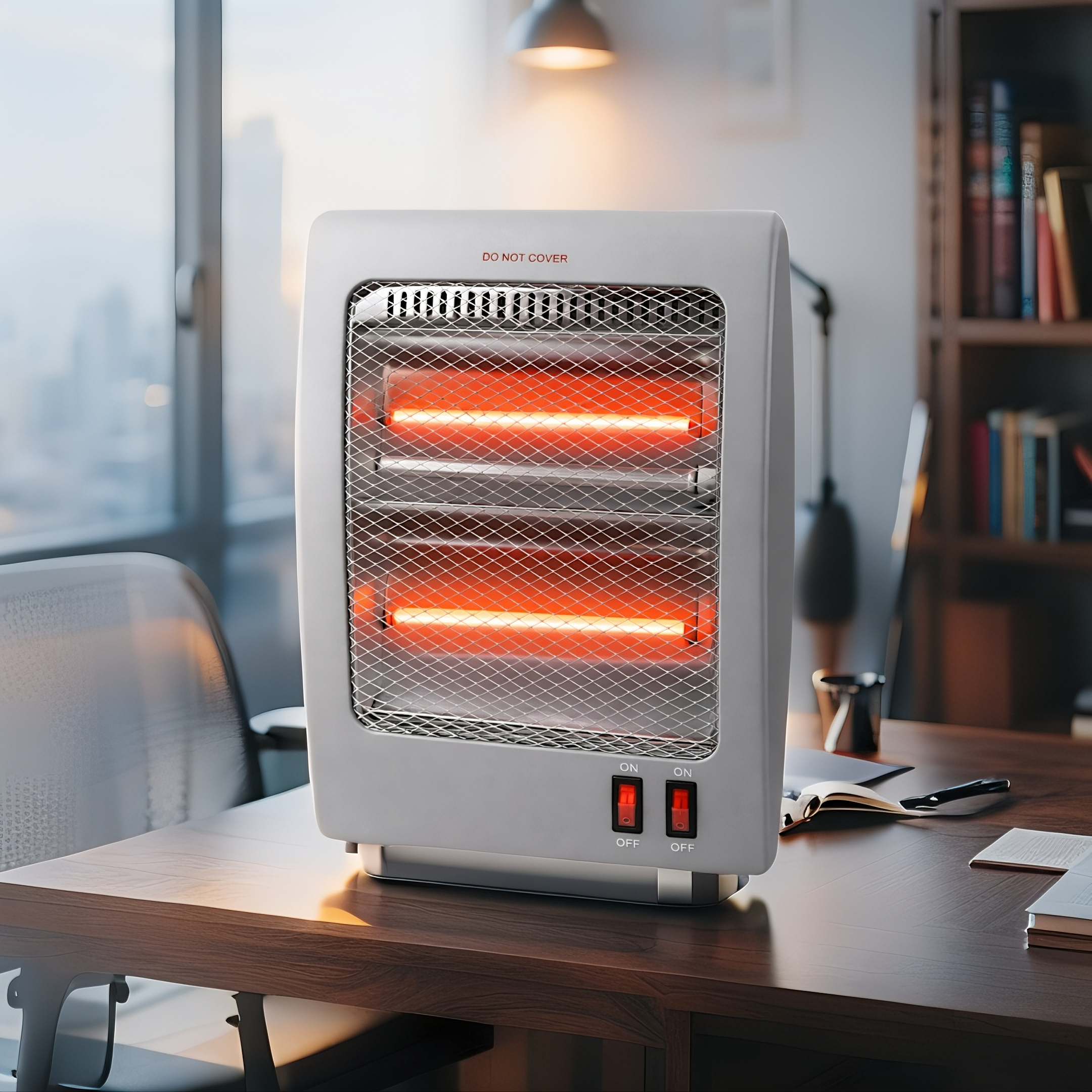 Un calefactor eléctrico blanco con elementos rojos incandescentes está sobre un escritorio.