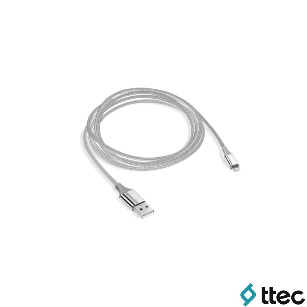 Gri USB - Lightning kablosu beyaz zeminde duruyor.
