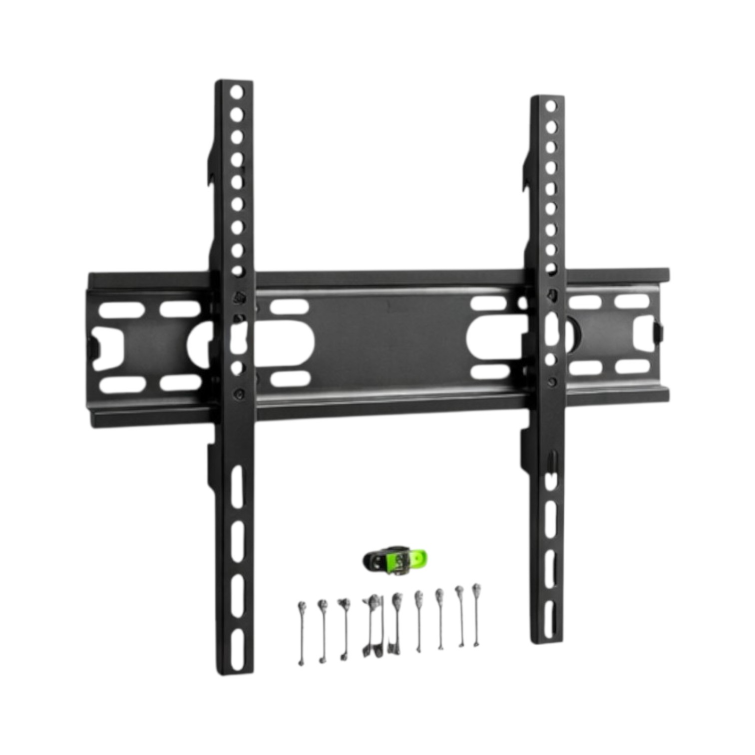 Soporte de pared para TV negro con tornillos y nivel sobre fondo blanco.