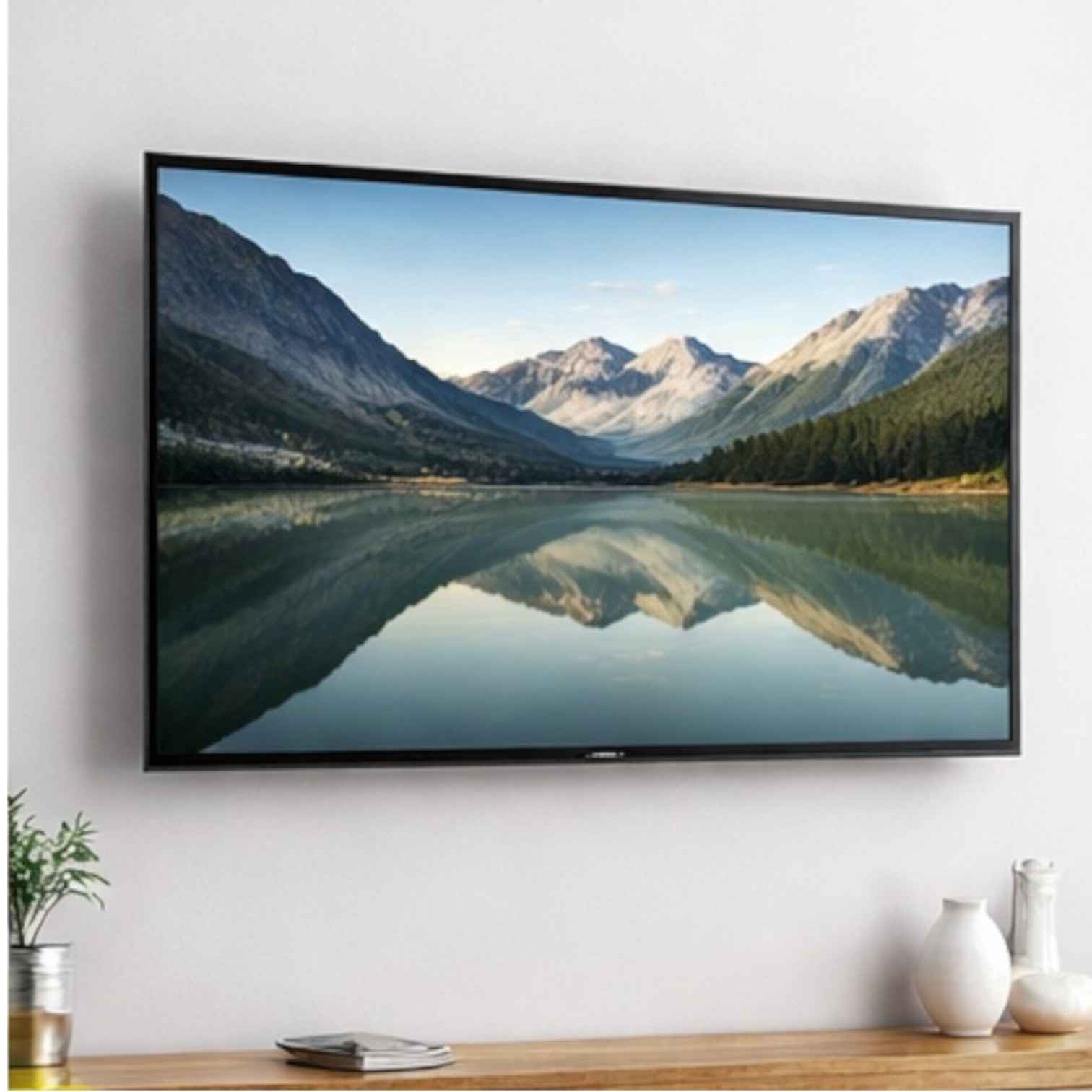 Un televisor de pantalla plana muestra el reflejo de un lago de montaña. Debajo hay una planta y jarrones.