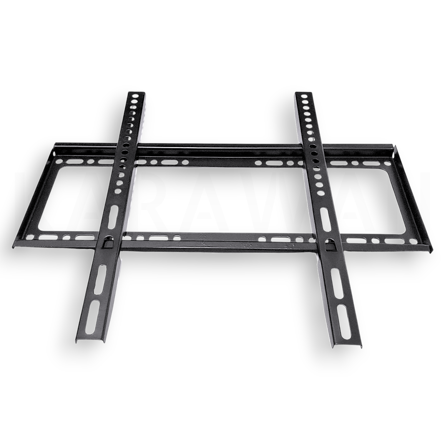 Soporte de pared para TV negro con brazos ajustables y muchos agujeros.