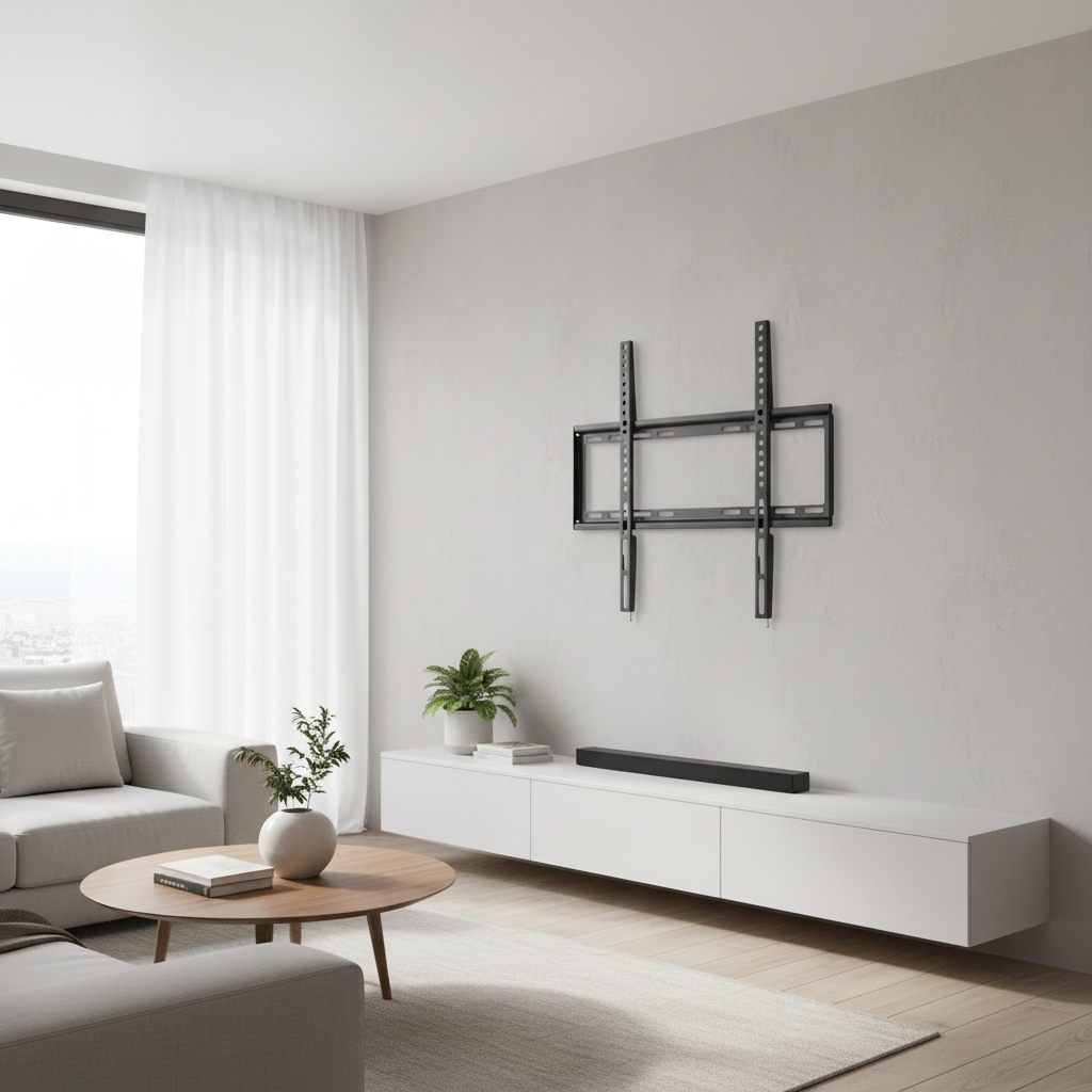 Un soporte de pared para TV negro sobre una pared gris encima de un mueble blanco.