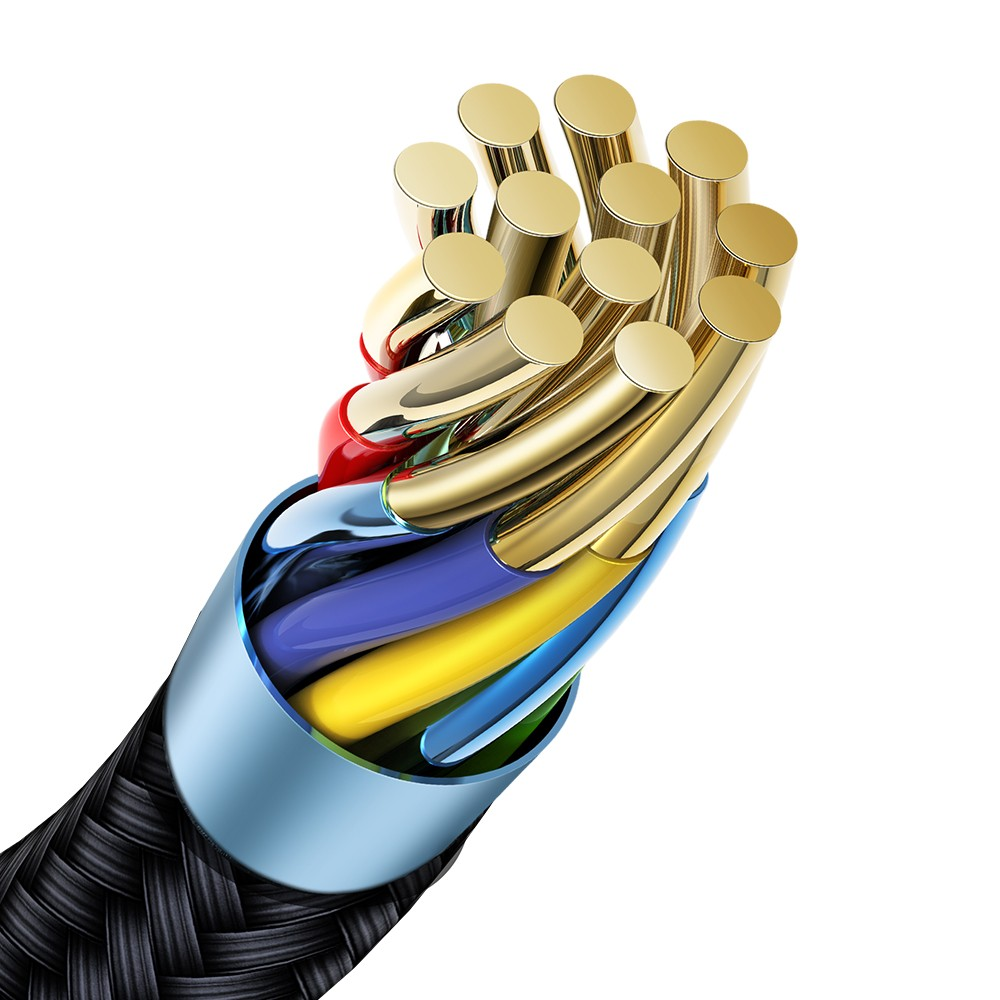 Geflochtenes schwarzes Kabel mit freiliegenden goldenen Drähten, blauen, gelben, roten und grünen Innenschläuchen.