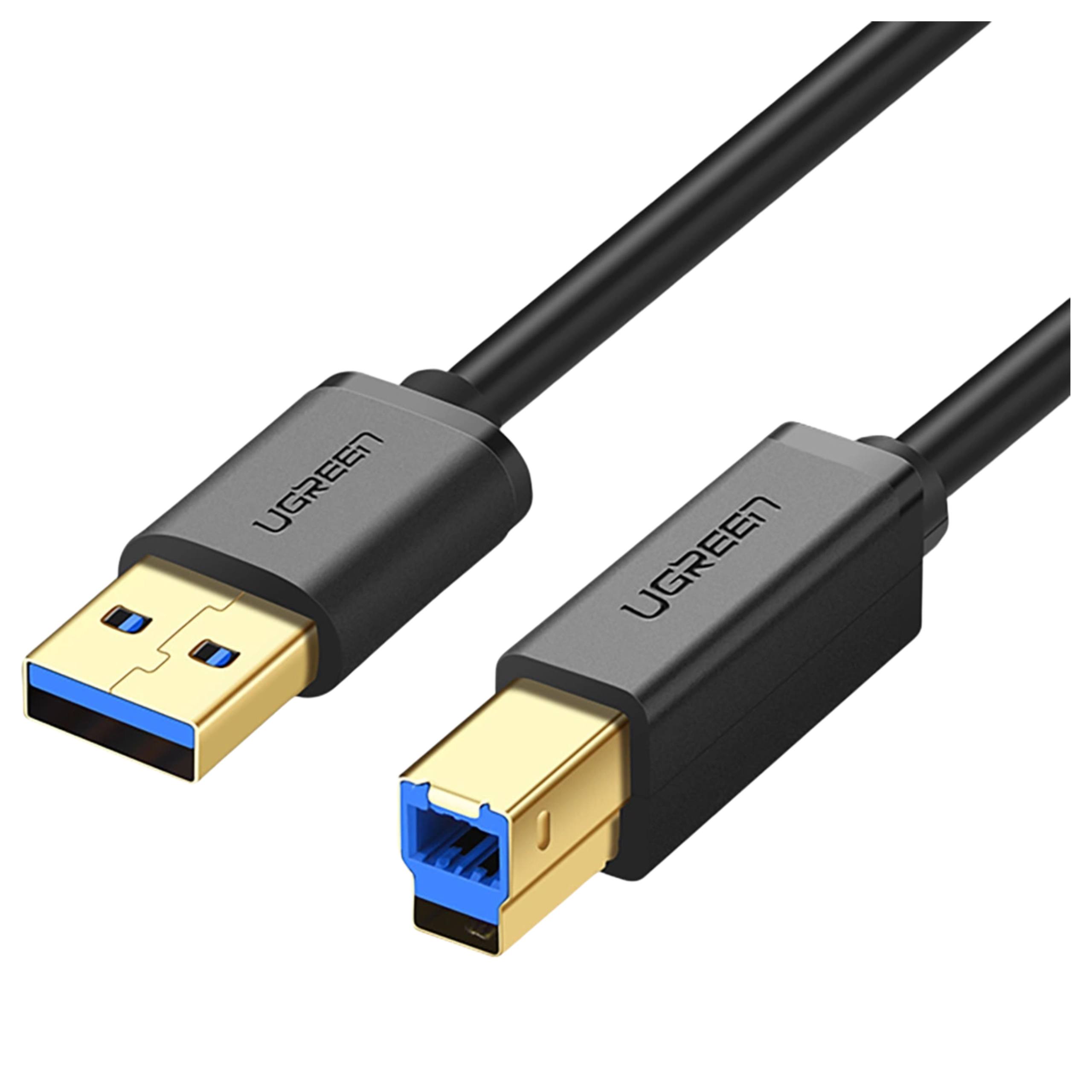 Czarny kabel USB 3.0 ze złotymi złączami i niebieskimi akcentami.