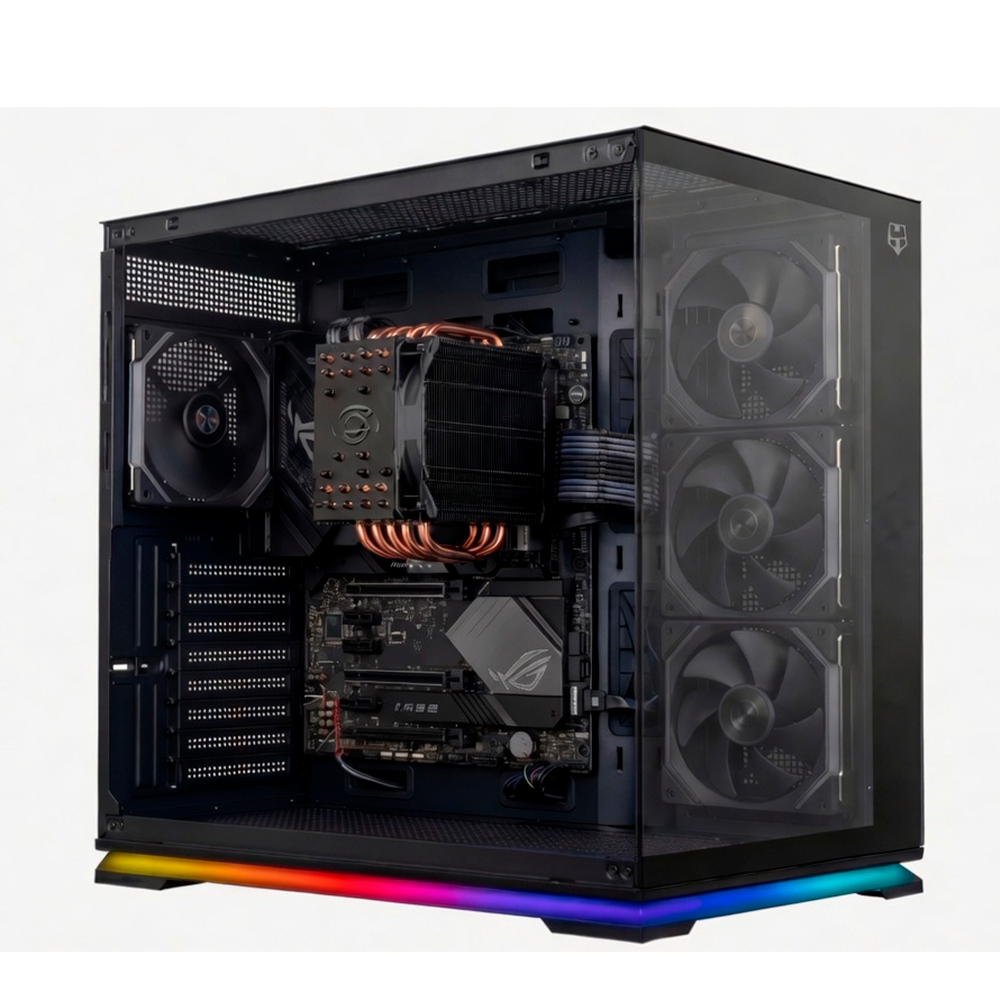 Torre de PC negra con panel lateral de vidrio, disipador de CPU, placa base e iluminación RGB.