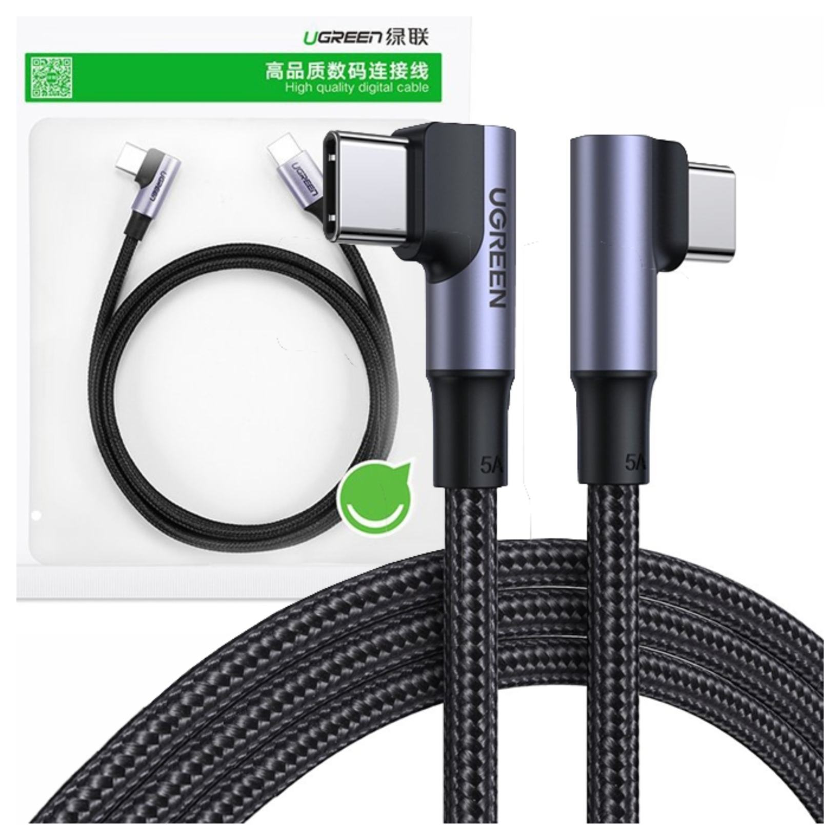 Dwa kable USB-C pod kątem 90 stopni z czarnym plecionym przewodem.