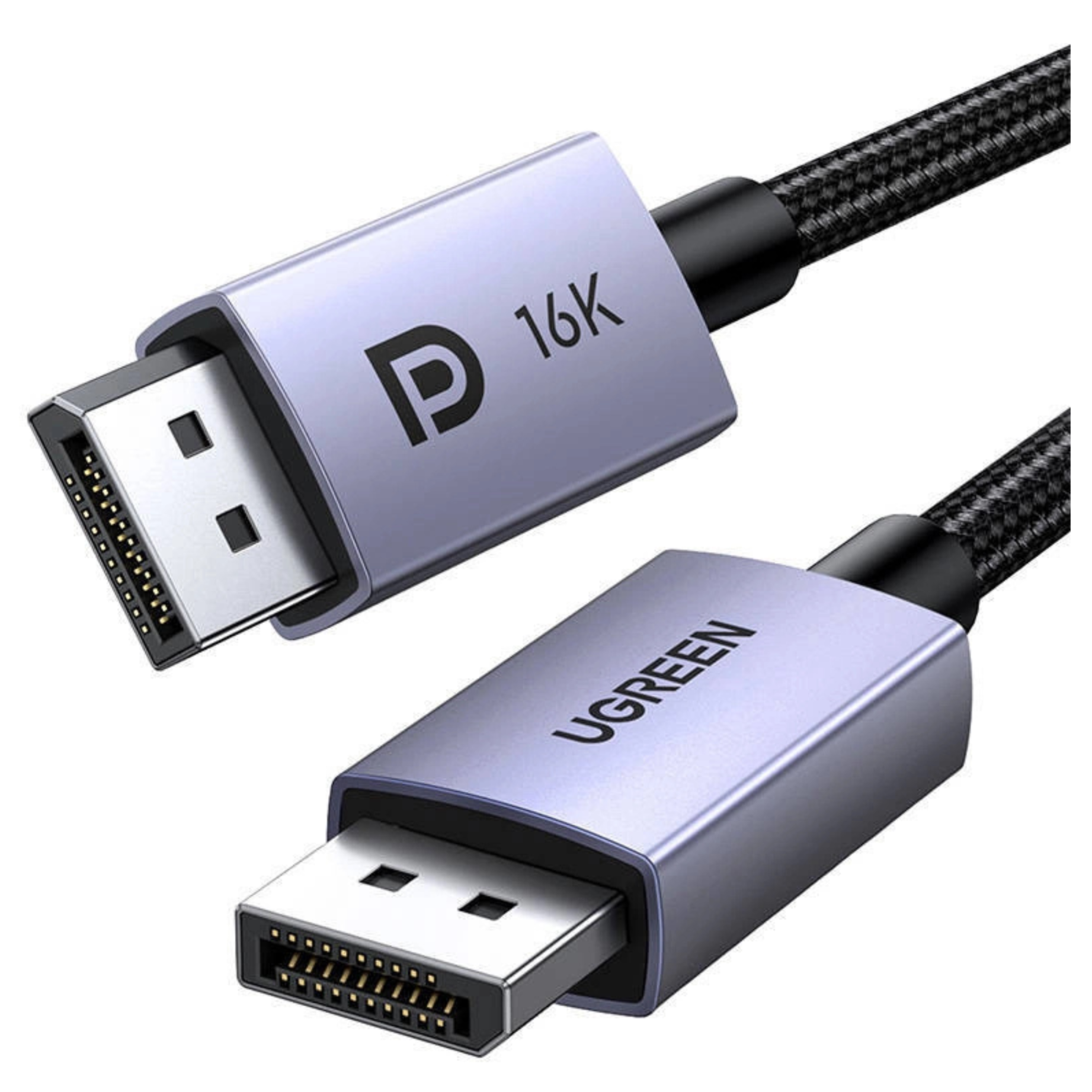 Srebrny kabel DisplayPort z oznaczeniem „P 16K” i „UGREEN”.