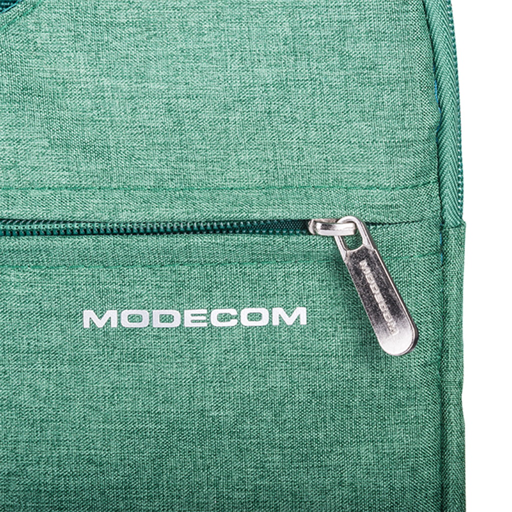 Zielona torba materiałowa z zamkiem i logo MODECOM.