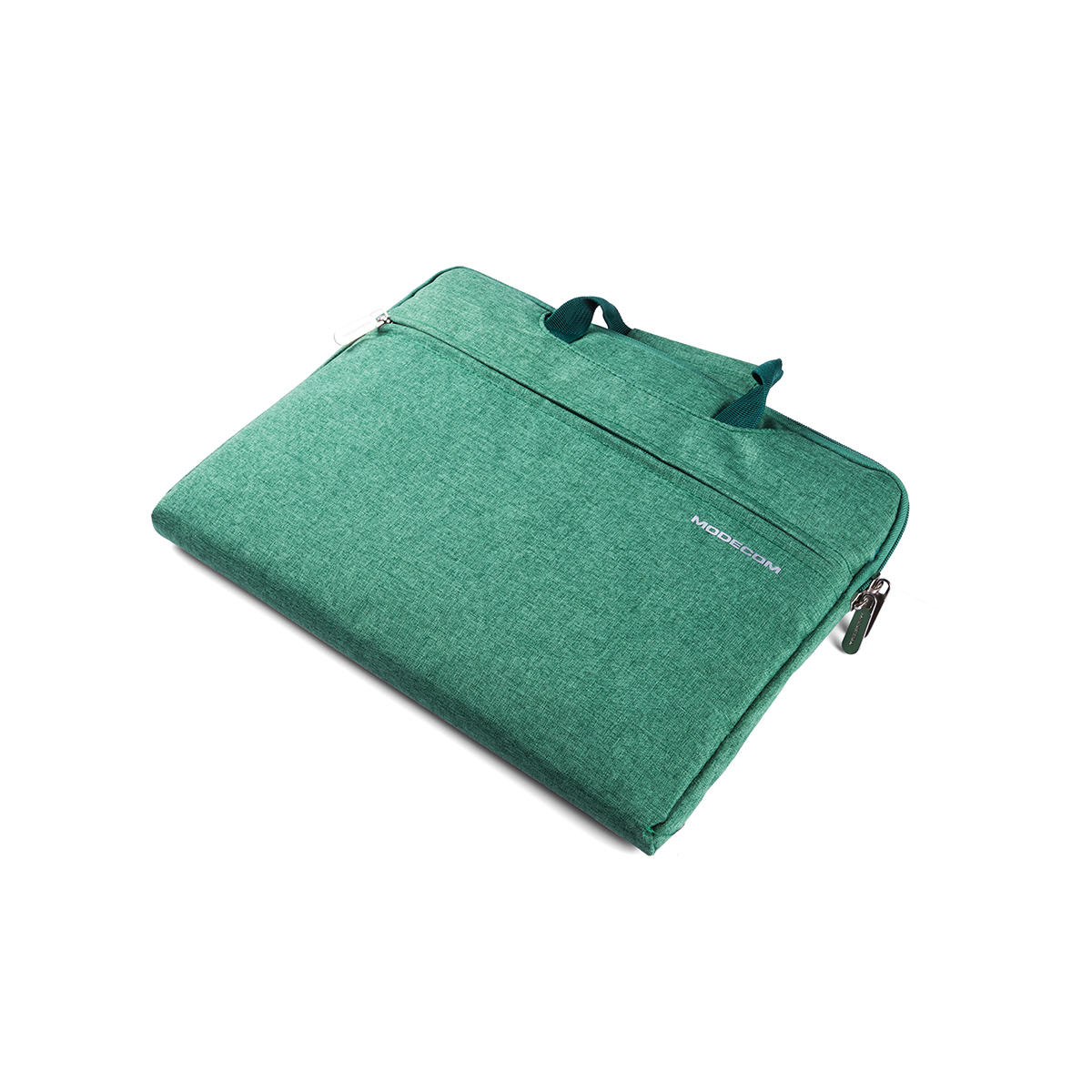 Zielona torba na laptopa z zamkiem i uchwytami, na białym tle.