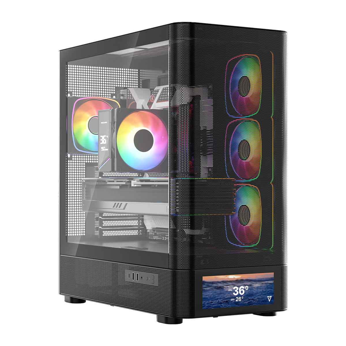 Czarna obudowa PC z szklanym panelem, wentylatorami RGB i małym ekranem.