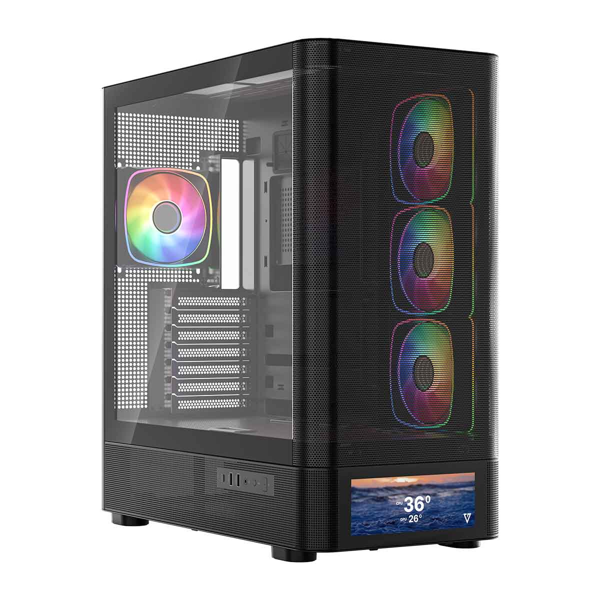 Czarna obudowa komputera z szklanym oknem i wentylatorami RGB.