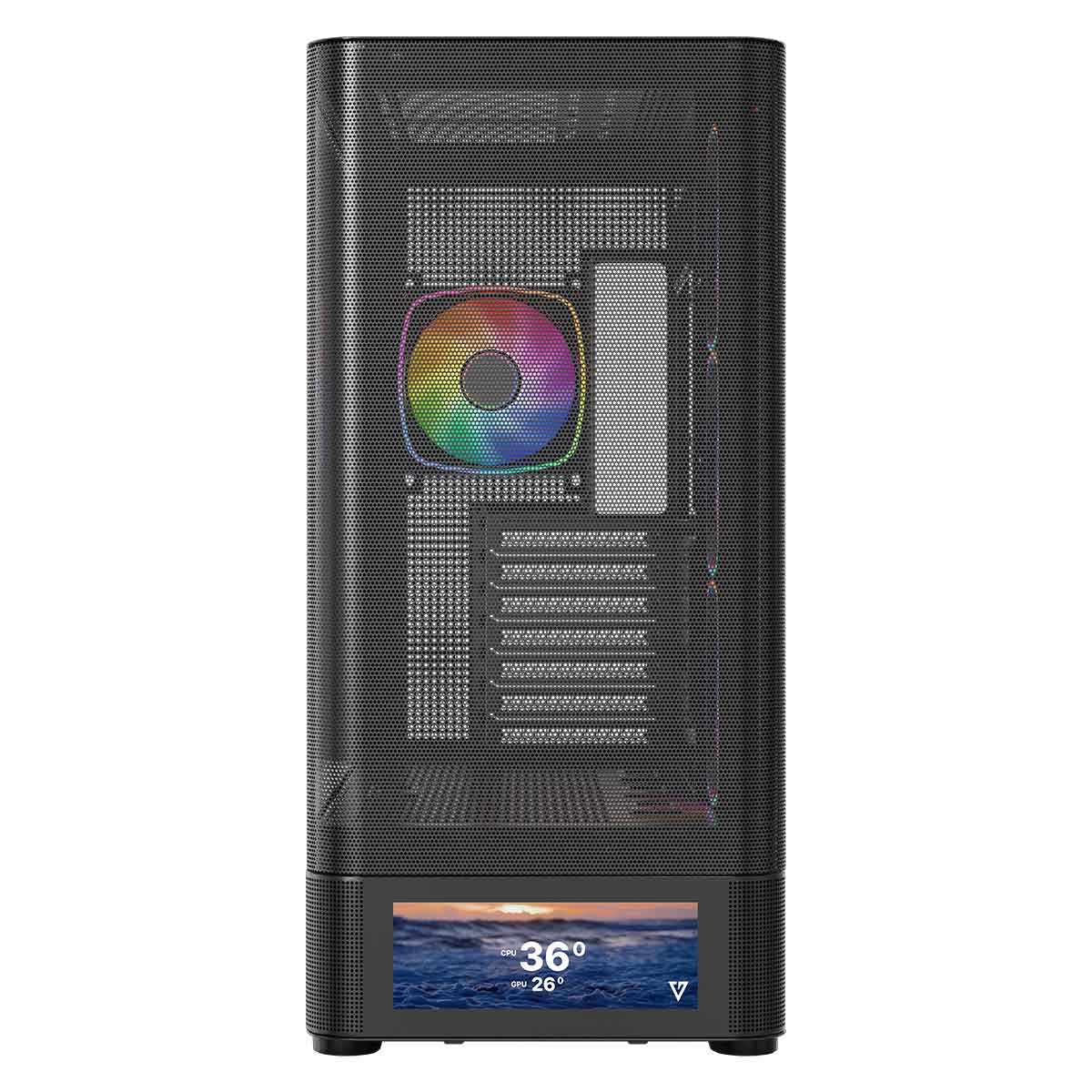 Czarna obudowa komputera z wentylatorem RGB i wyświetlaczem LCD pokazującym temperatury.