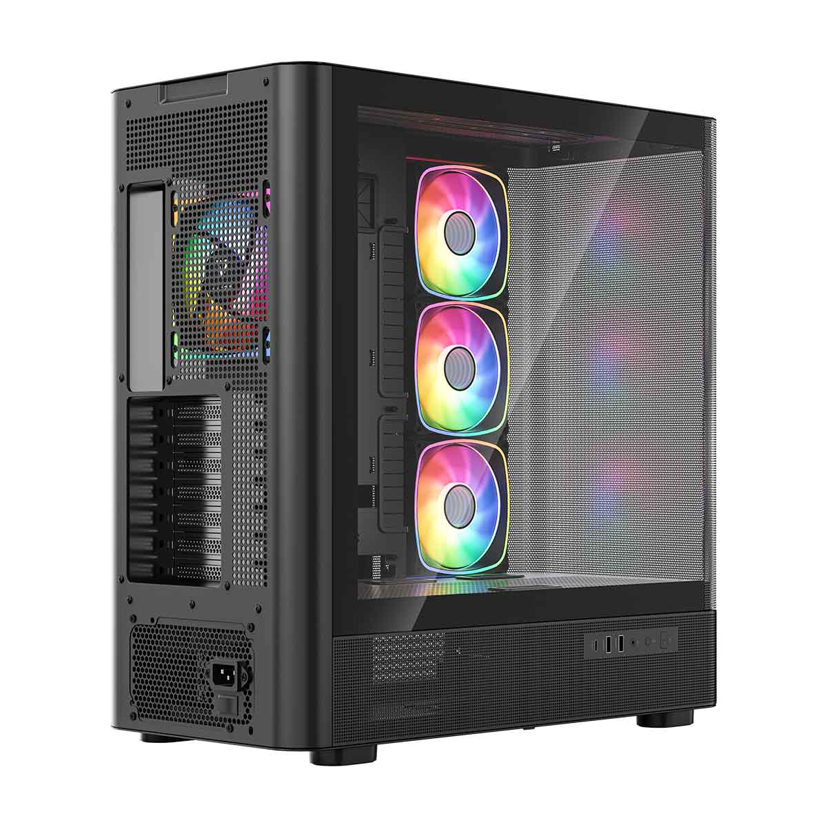 Czarna obudowa komputera z przezroczystym panelem bocznym, pokazująca trzy wentylatory RGB.