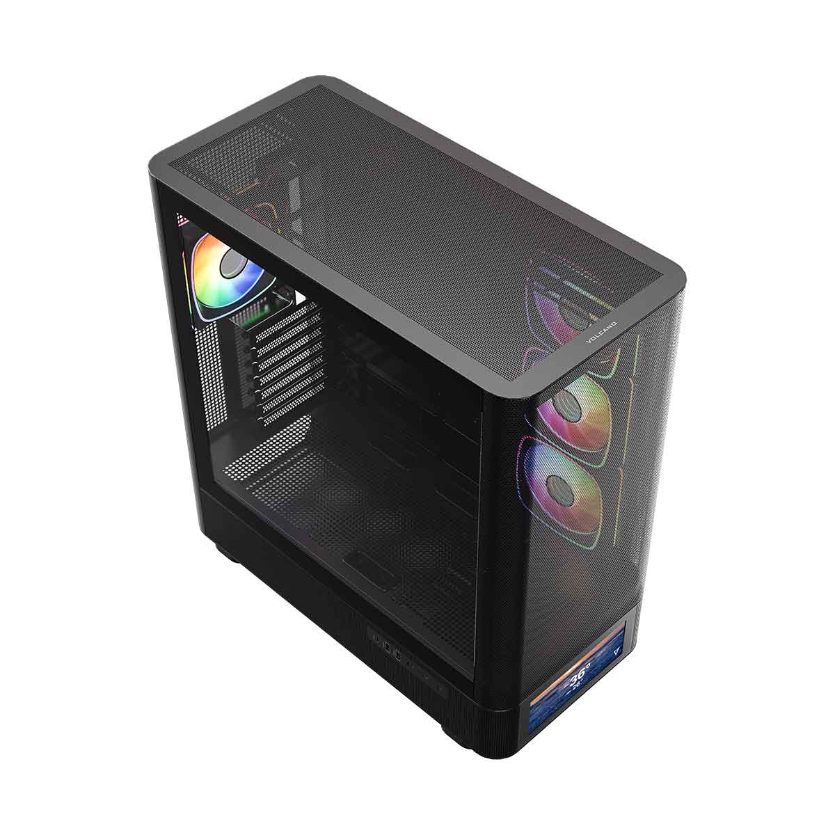 Czarna obudowa komputera z wentylatorami RGB i siatkową powierzchnią, białe tło.