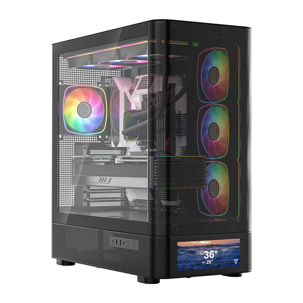 Czarna obudowa PC z wentylatorami RGB, szklanym panelem bocznym i cyfrowym wyświetlaczem temperatur.