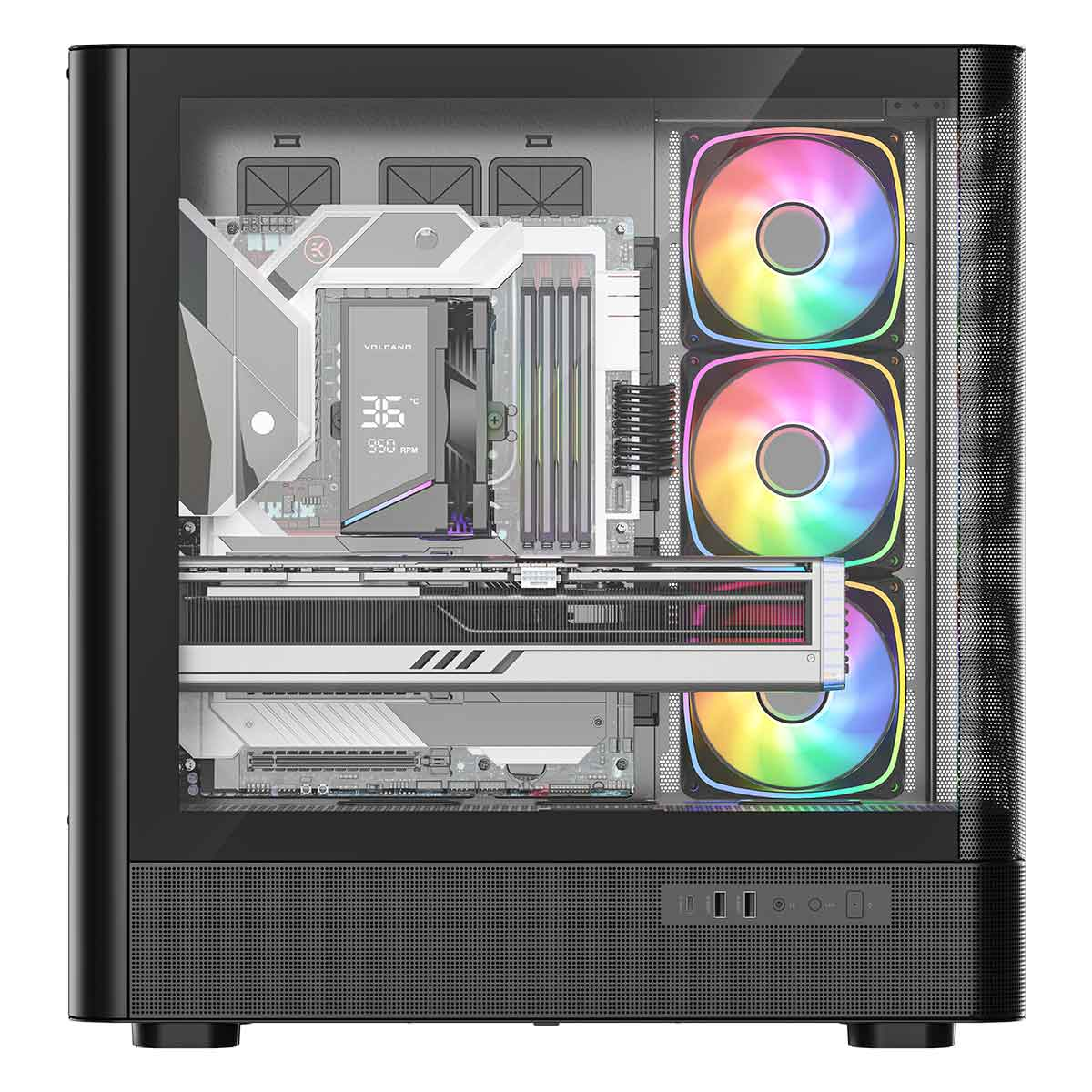 Biała i szara obudowa komputera z wentylatorami RGB i komponentami widocznymi przez szklany panel.