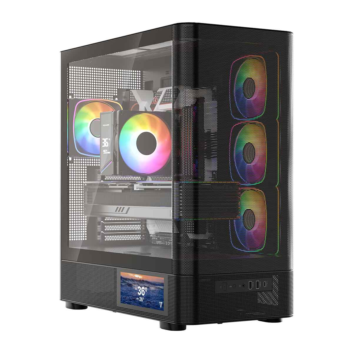 Czarna obudowa PC z wentylatorami RGB, szklanym panelem bocznym i małym ekranem LCD.