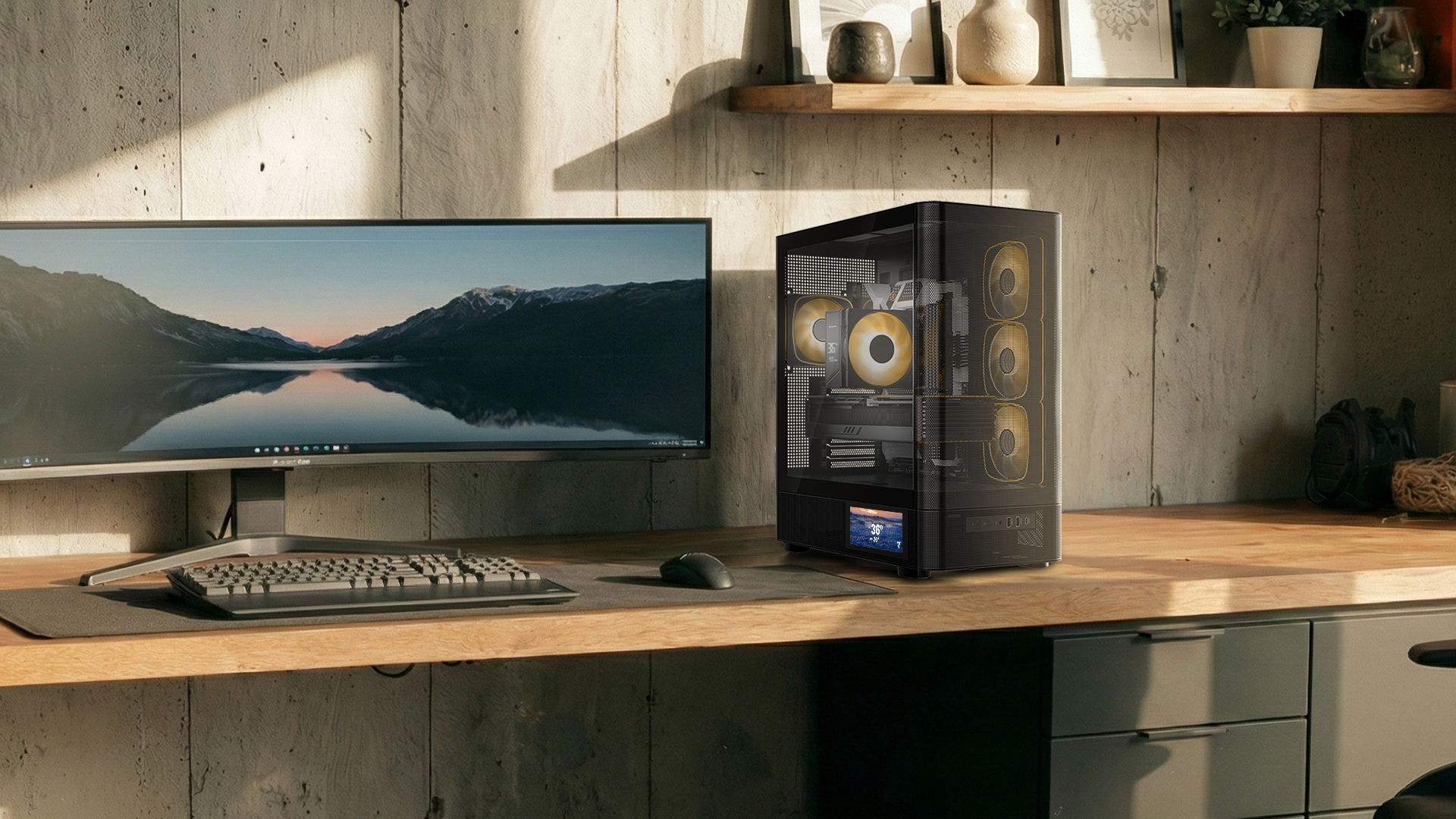 Nowoczesny zestaw komputerowy z zakrzywionym monitorem, klawiaturą, myszą i przezroczystą obudową PC.