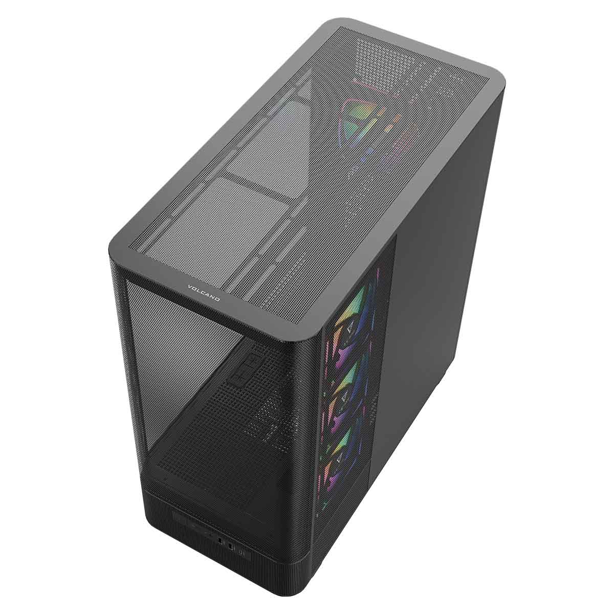 Czarna obudowa komputera z siatkowym topem i frontem, z wentylatorami RGB.