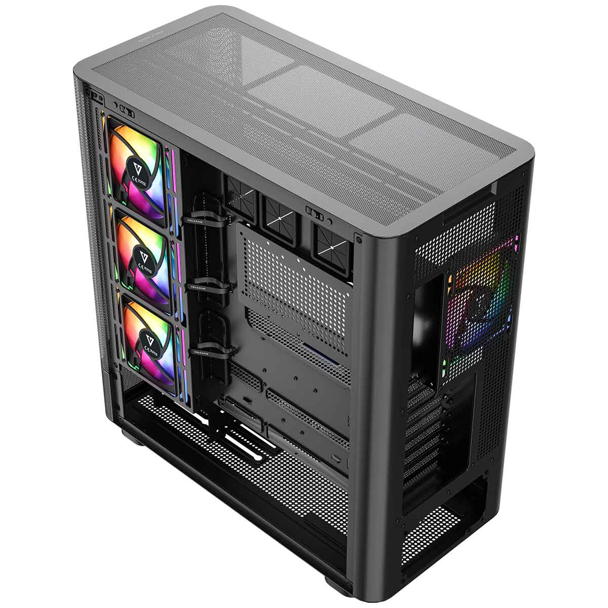 Czarna obudowa komputera z wieloma wentylatorami RGB po bokach i na górze.
