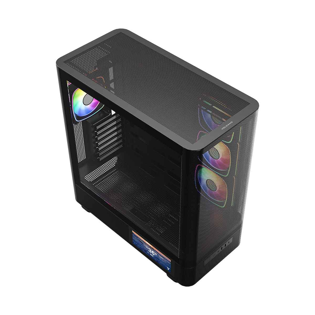 Czarna obudowa PC z szklanym frontem i wentylatorami RGB. Mały wyświetlacz na dole.
