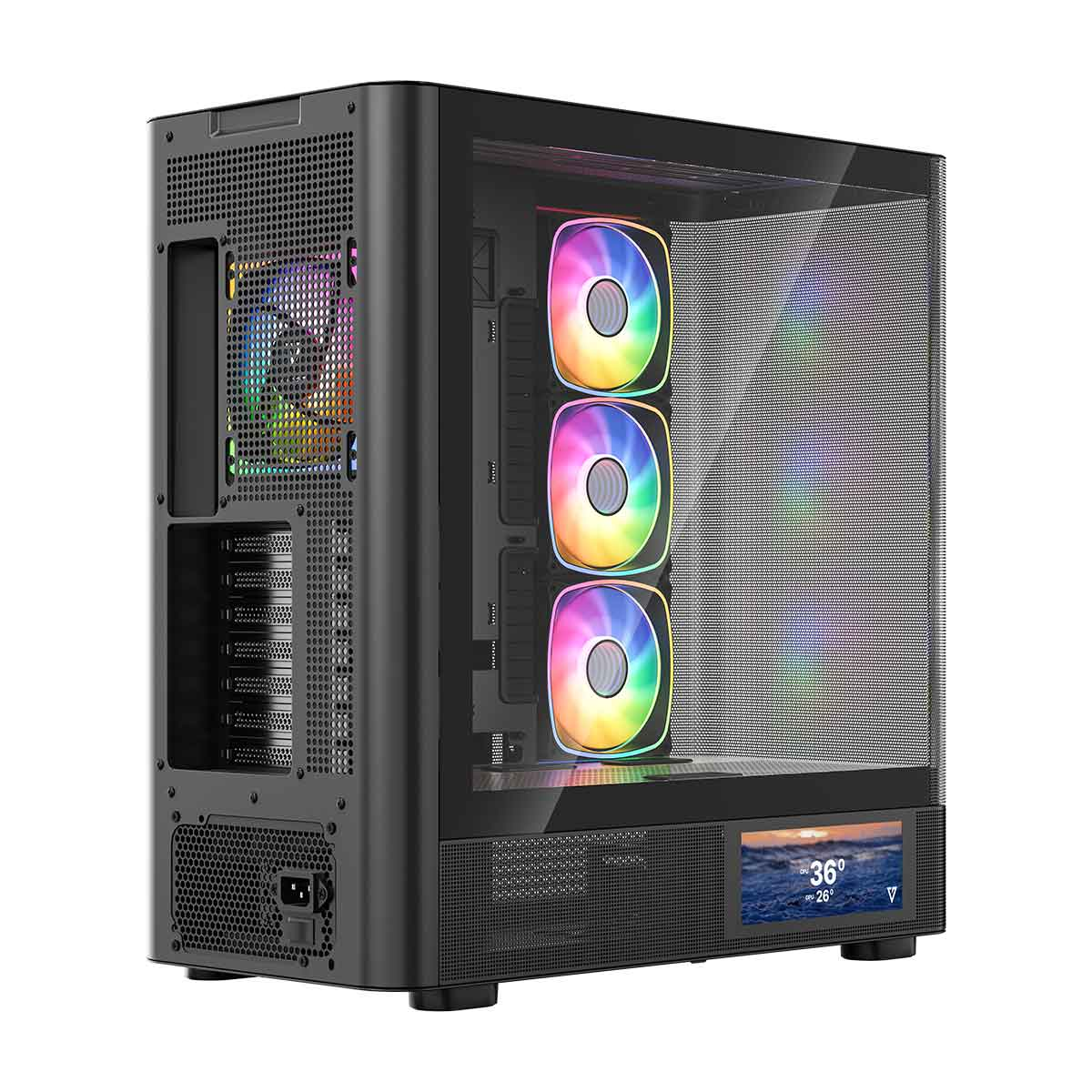 Czarna obudowa PC z szklanym frontem i trzema wentylatorami RGB.