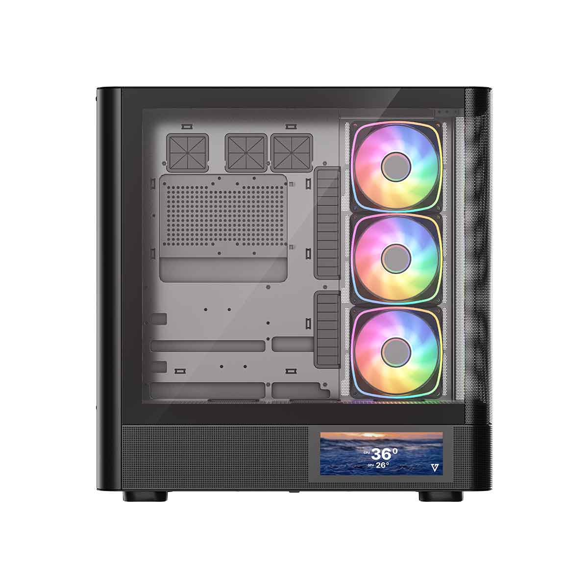 Czarna obudowa komputera z trzema wentylatorami RGB i małym ekranem pokazującym temperaturę.