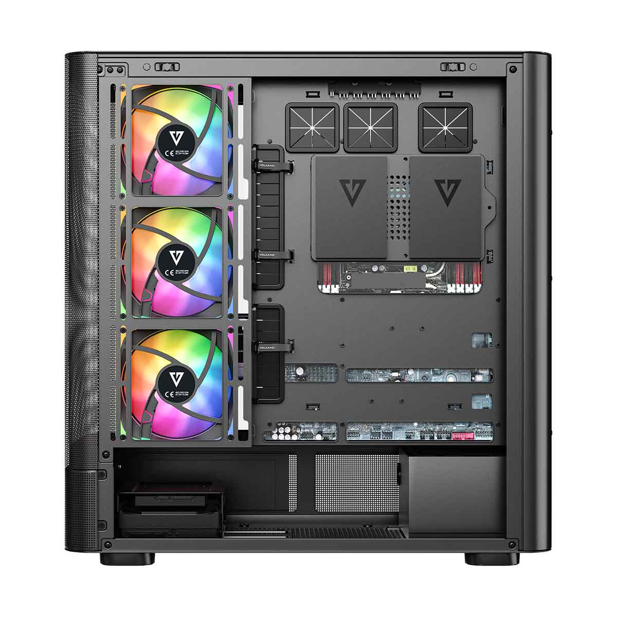Wnętrze obudowy komputera z trzema wentylatorami RGB, kablami i podzespołami wewnętrznymi.