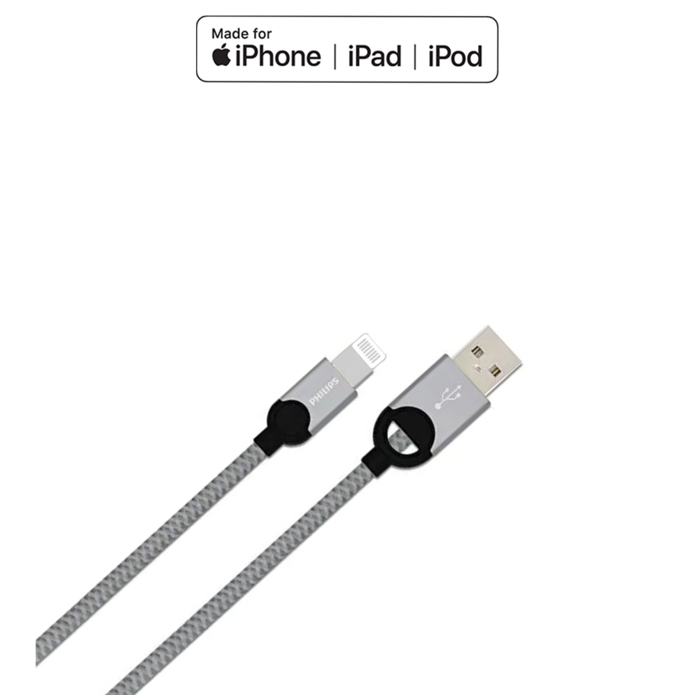Lightning ve USB-A konektörlü gri örgülü şarj kablosu.