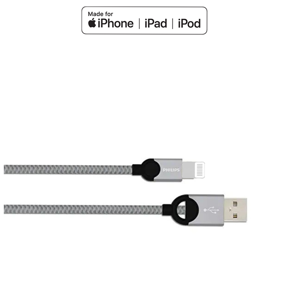 Gri Philips Lightning - USB kablosu, "Made for iPhone" logosu.