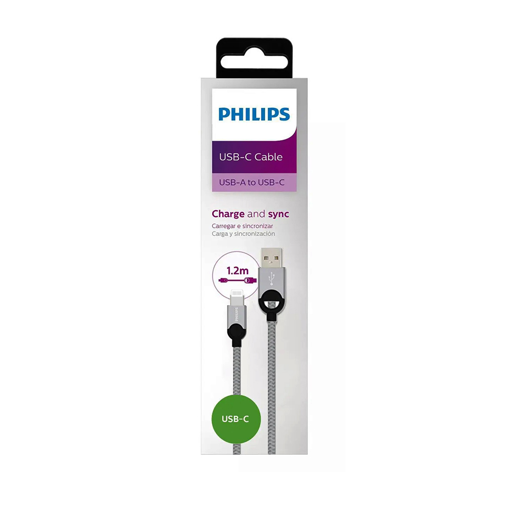 Philips USB-C kablo, 1,2m, gri gri, USB-A ve USB-C konektörlü.