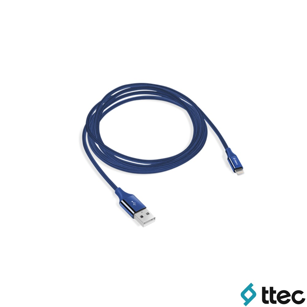 Beyaz arka plan üzerinde mavi USB-A - Lightning kablosu.