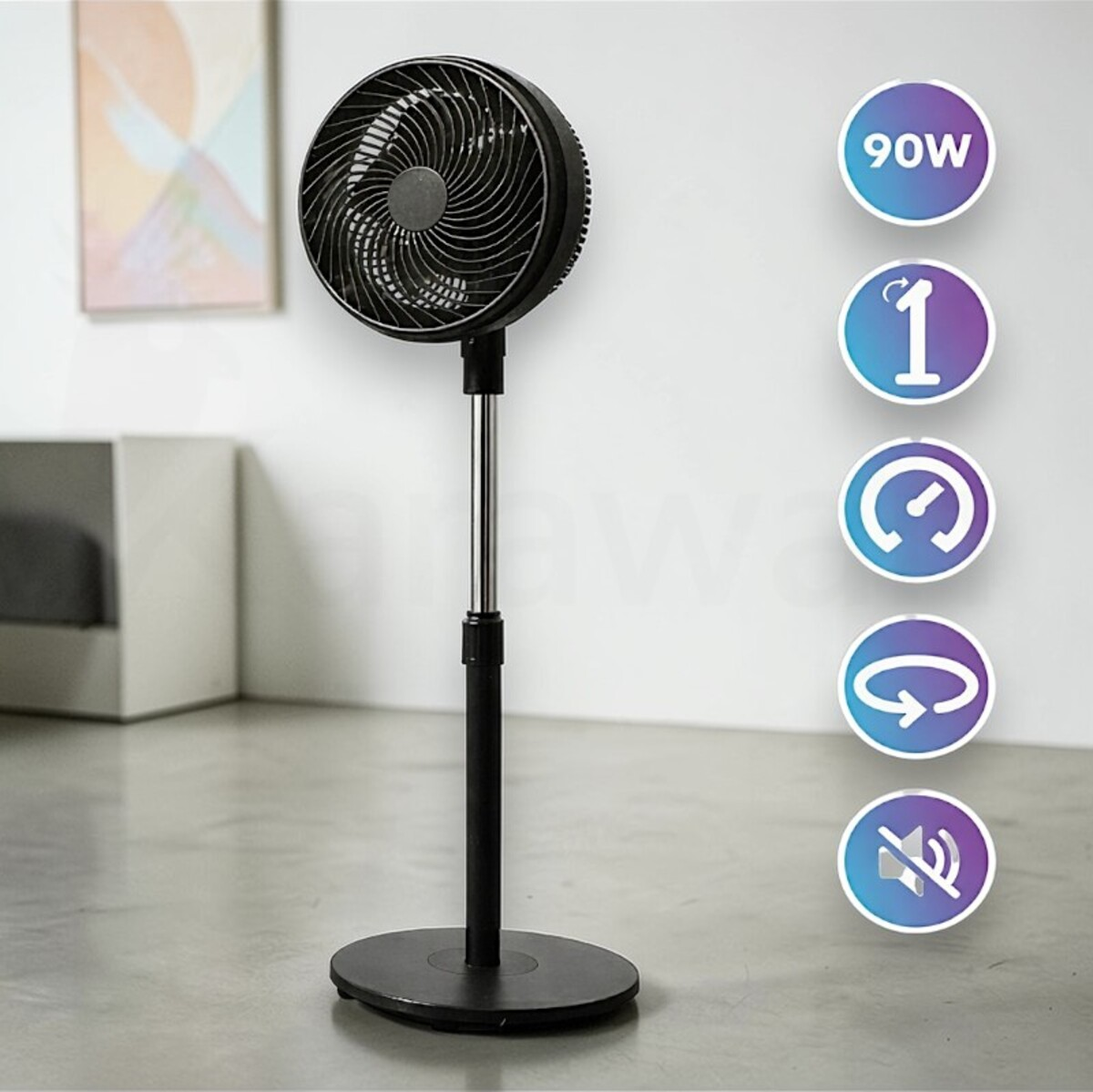 Un ventilador de pedestal oscilante negro con 90W de potencia y múltiples ajustes.