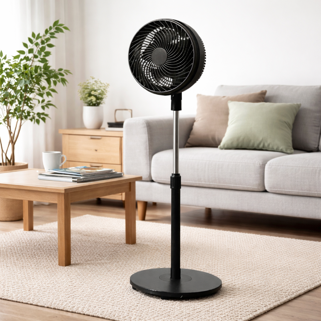 Un ventilador de pie negro está en una sala de estar con sofá y mesa de centro.