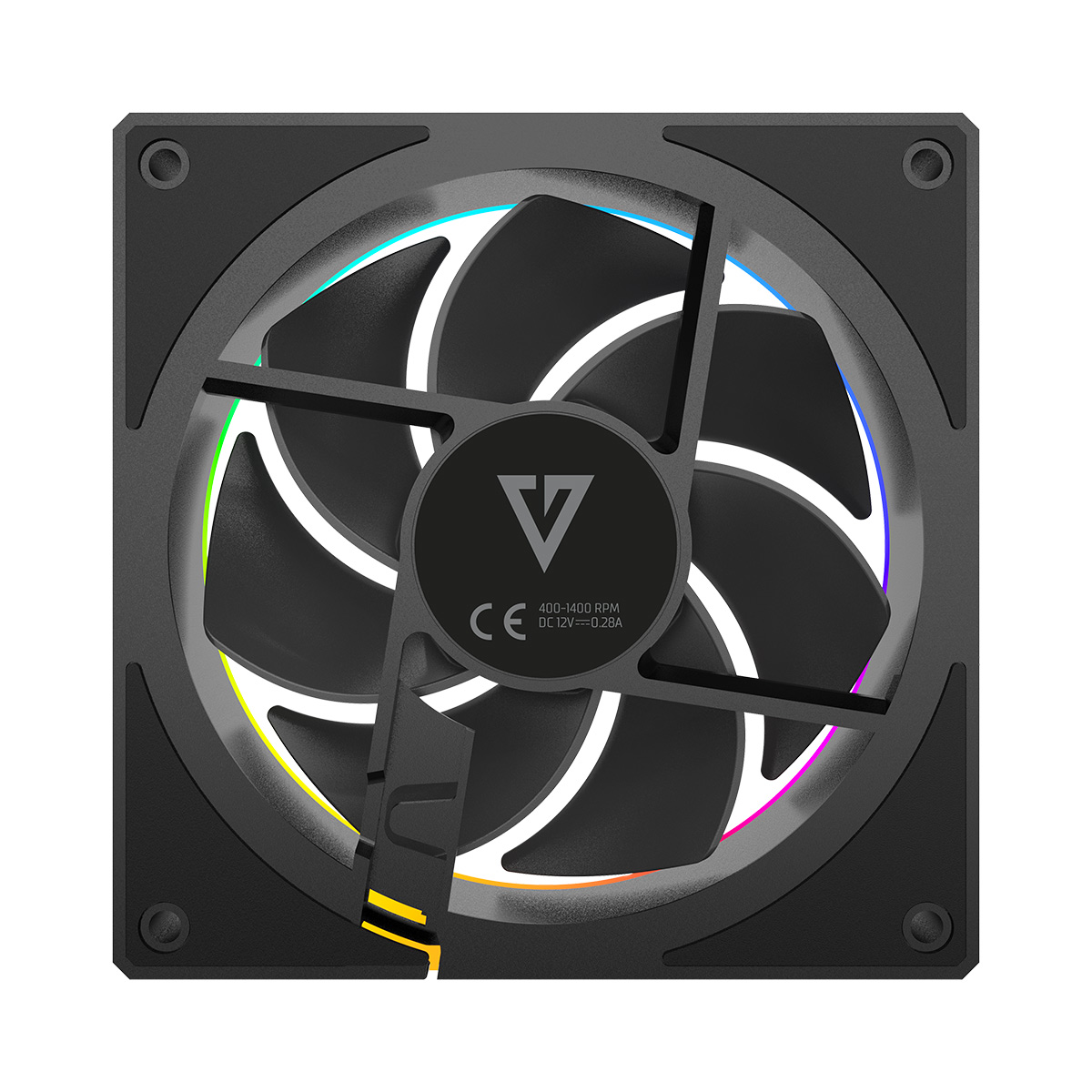 Czarny wentylator komputerowy z oświetleniem RGB i logo pośrodku.