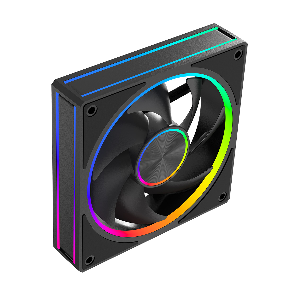 Czarny wentylator komputerowy z oświetleniem RGB na białym tle.