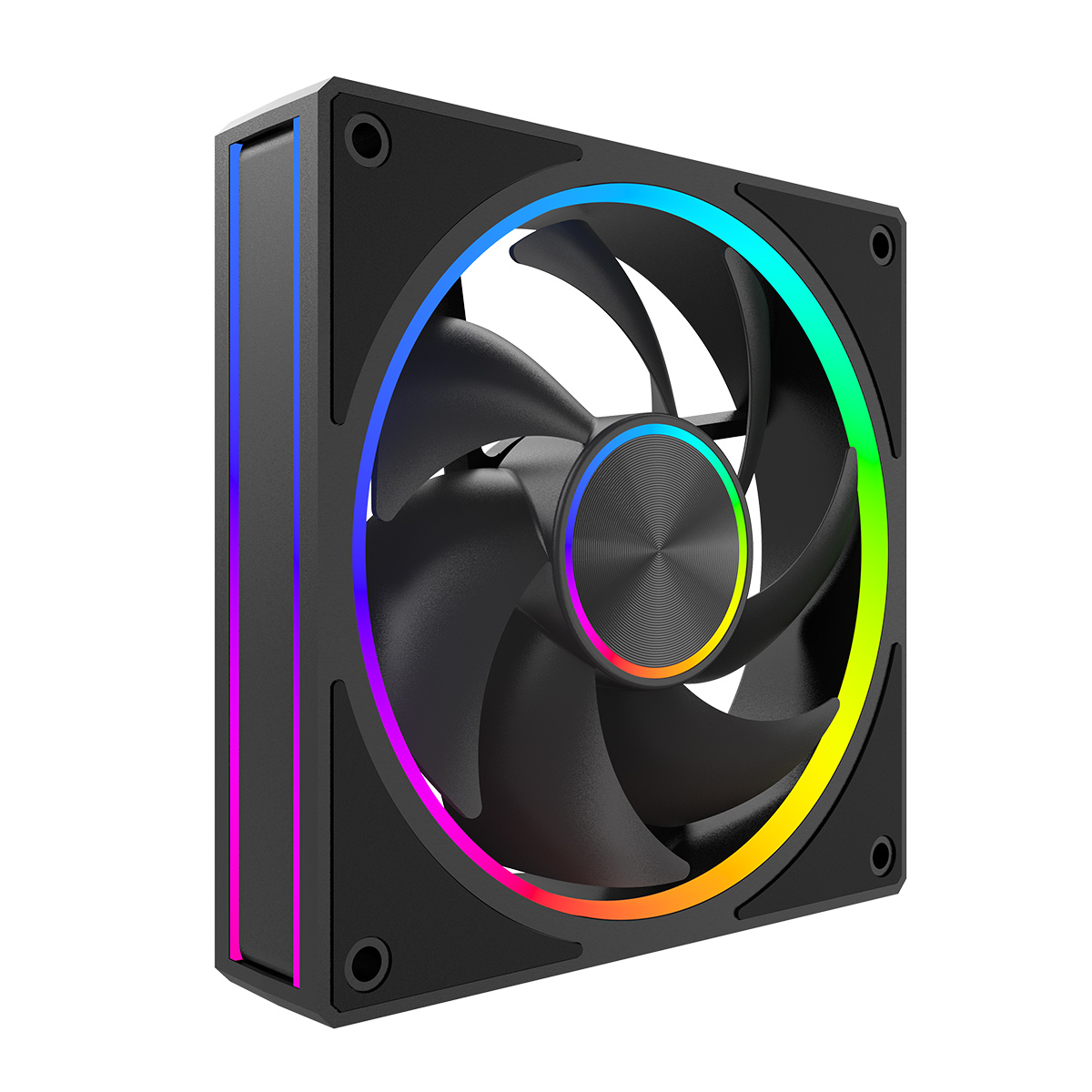 Czarny wentylator komputerowy z podświetleniem RGB na krawędzi i w centrum.