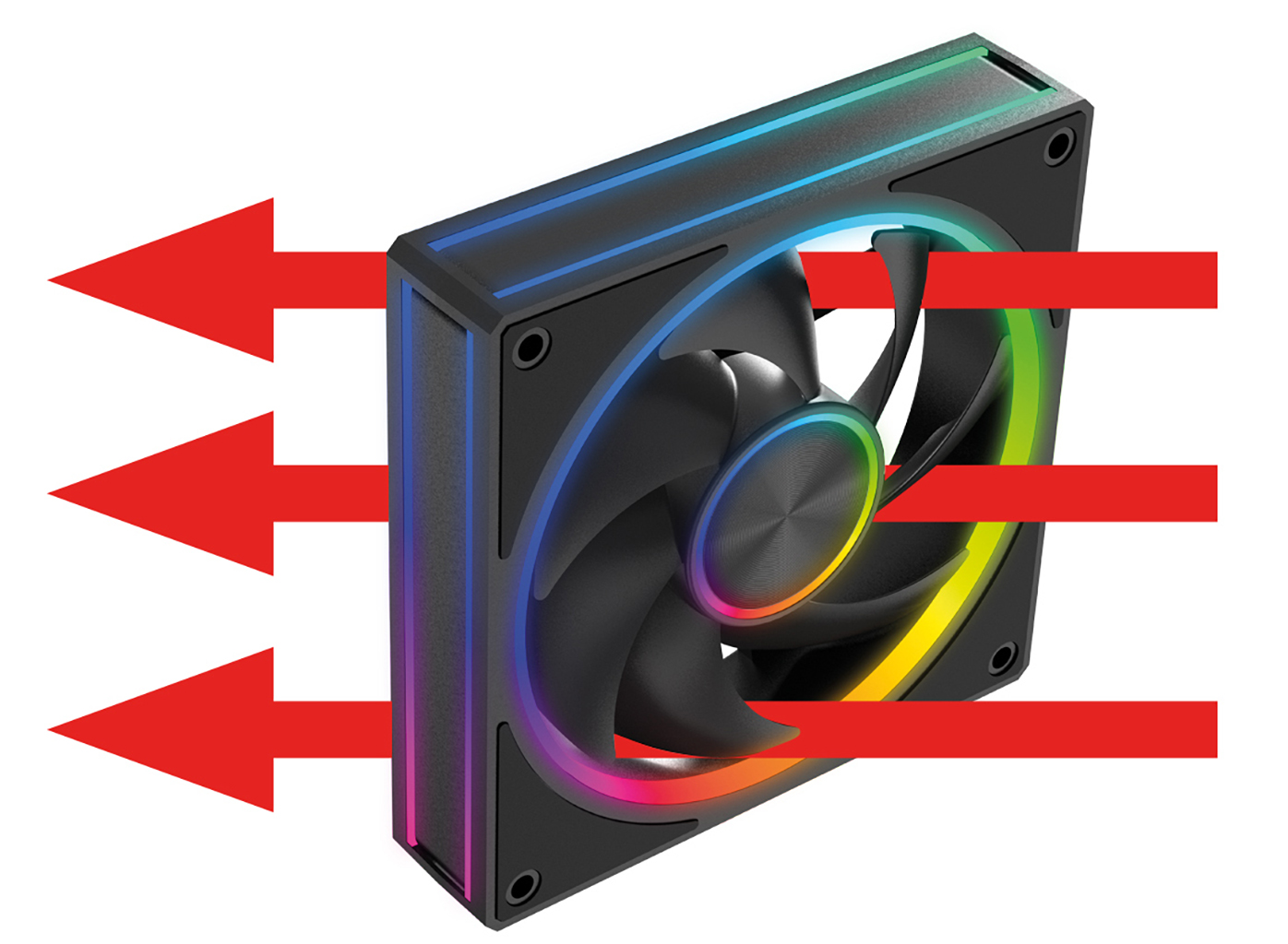 Czarny wentylator komputerowy z oświetleniem RGB i czerwonymi strzałkami wskazującymi przepływ powietrza.