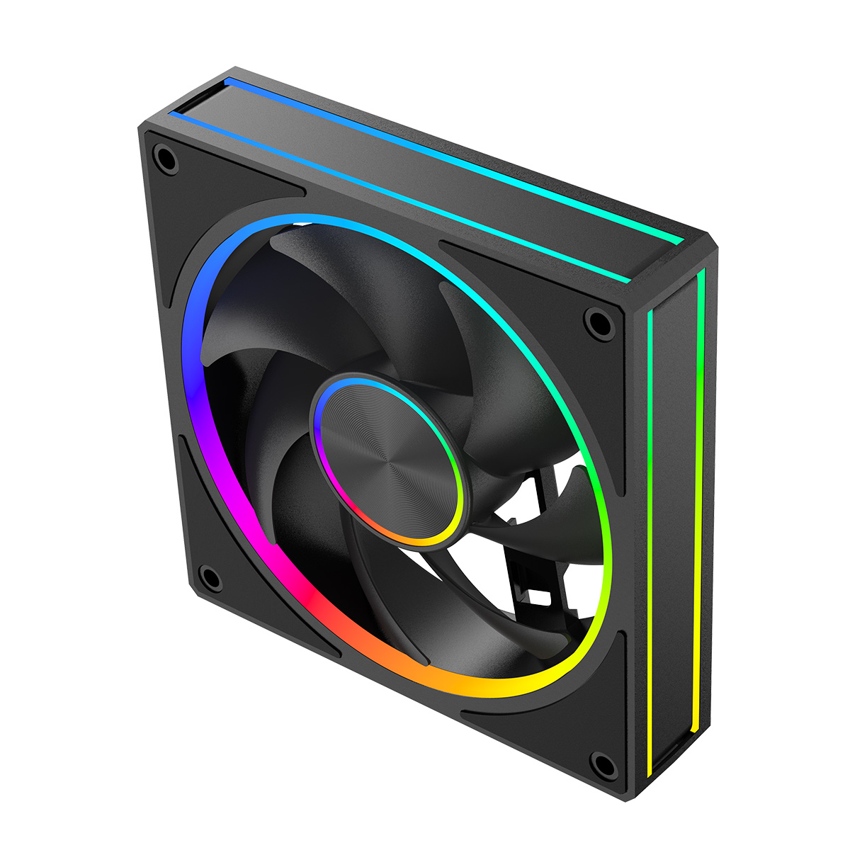 Czarny wentylator komputerowy z podświetleniem RGB, na białym tle.