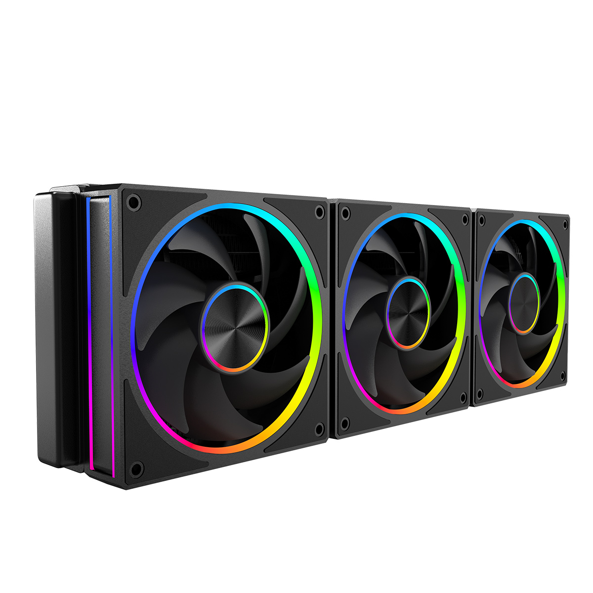 Trzy czarne wentylatory komputerowe z oświetleniem RGB obok siebie na białym tle.