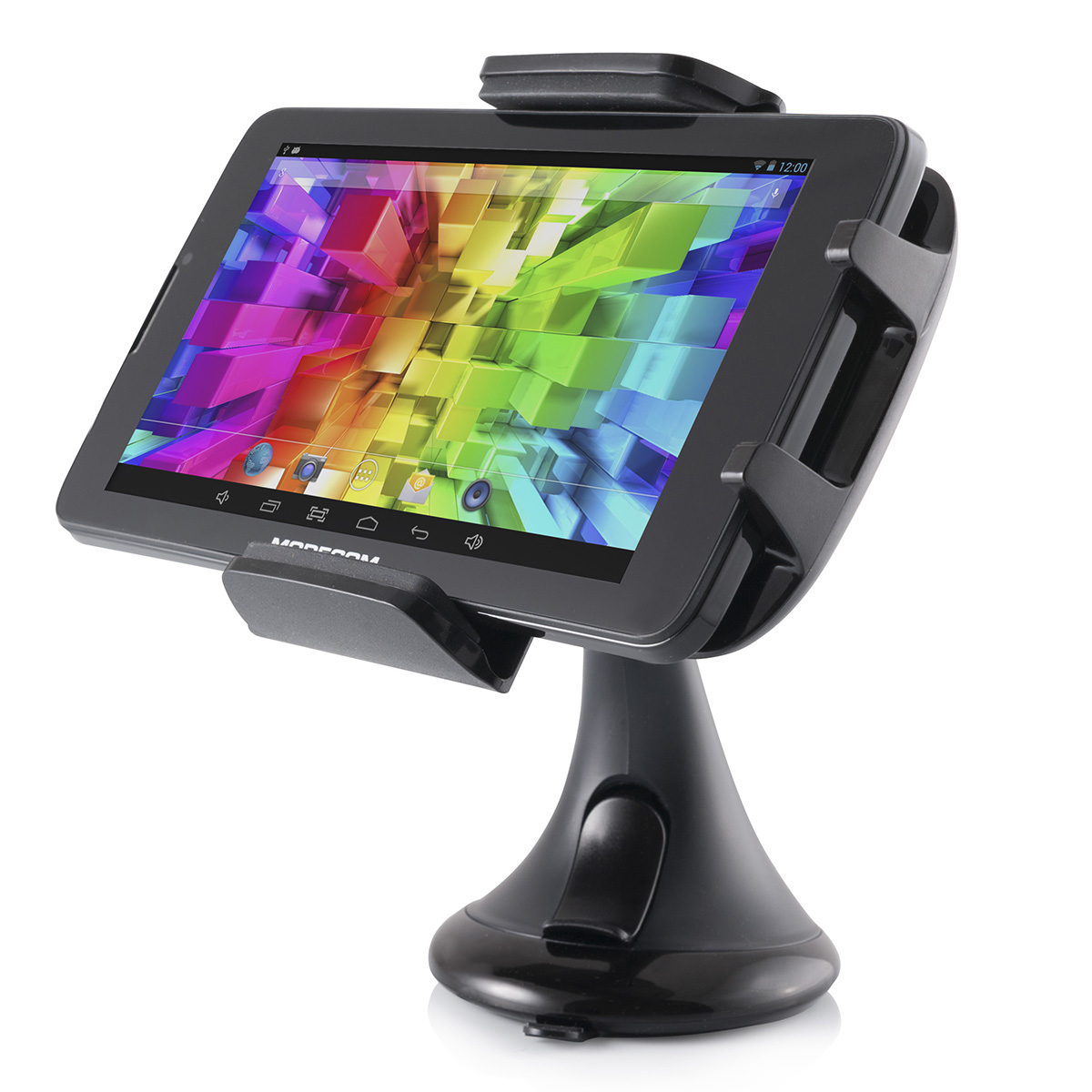 Tablet w uchwycie z kolorową tapetą. Białe tło.